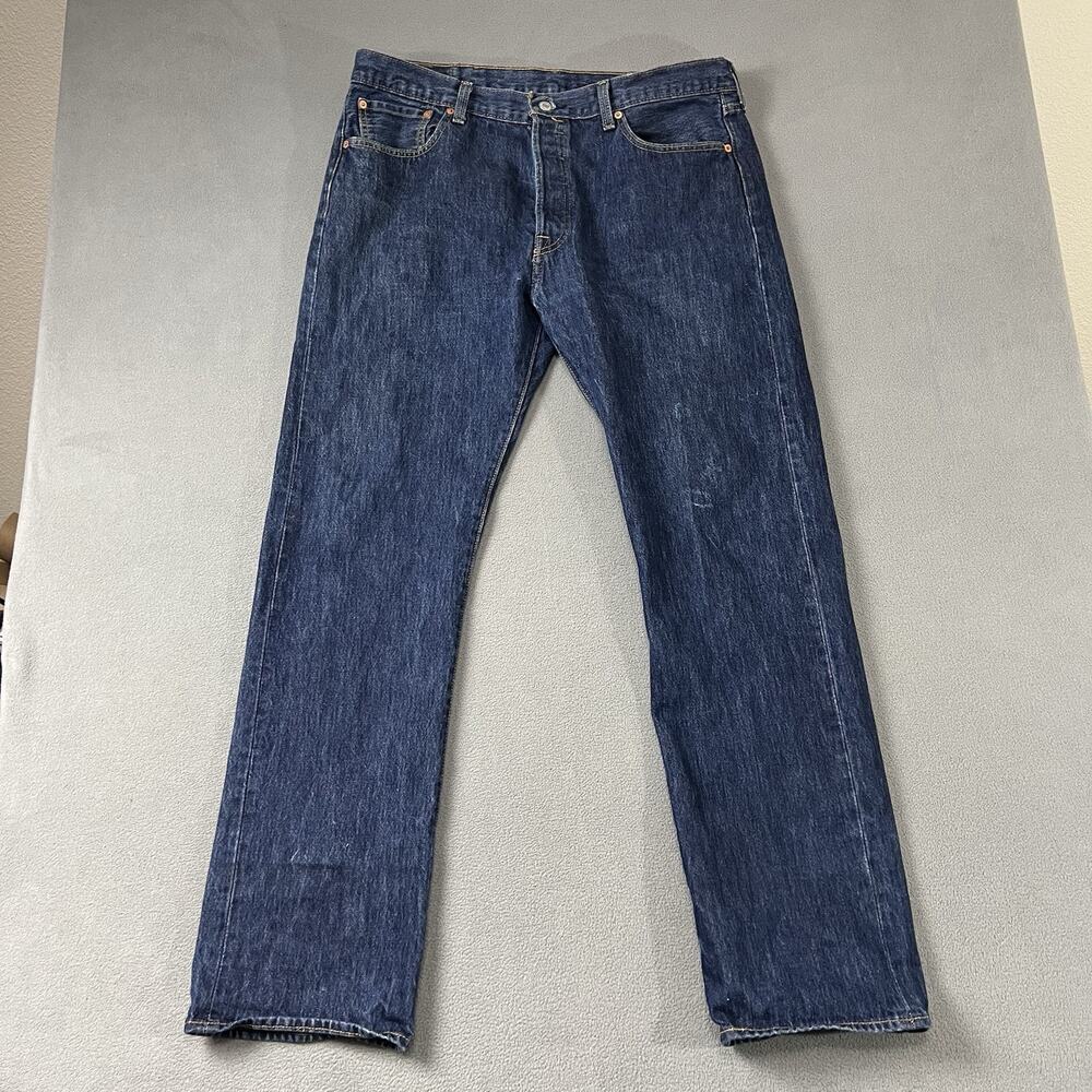 Levis 501 Jeans Mens 38X34 Blue Straight Leg Button Fly Dark Wash Grunge Rocker